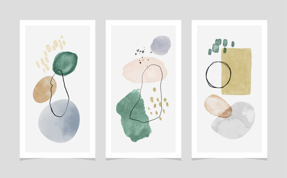 Abstract Organic Watercolor Painting Background Set. Modern Minimalist Acrylic Paint Artwork Poster Collection. Handmade Geometric Shapes Drawing  Bundle, Creative Brush Texture Banner.