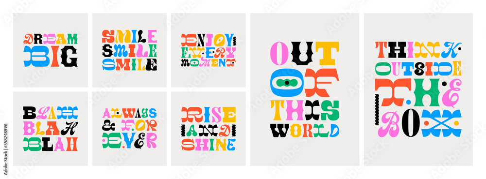 Wall mural set of colorful motivational typography quote in abstract art style. trendy funky inspiration letter