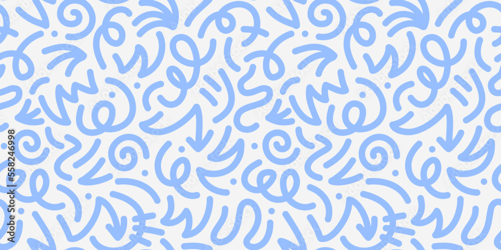 Poster Fun line doodle seamless pattern. Creative abstract squiggle style drawing background for children or trendy design with basic shapes. Simple childish scribble wallpaper print.