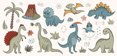 Retro cartoon dinosaur or dino vector set