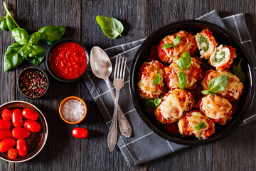 tasty chicken rollatini in tomato sauce, top view