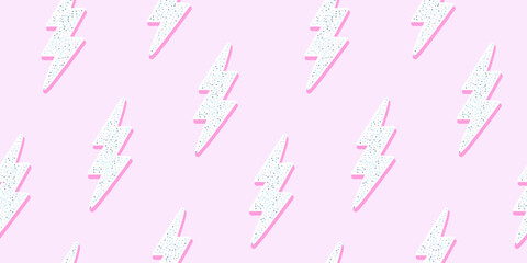 Pink lightning bolt shape seamless pattern illustration. Cute retro thunder ray background print. Thunderbolt symbol backdrop texture, electric sign wallpaper design.