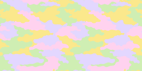 Colorful abstract camouflage print seamless pattern. Retro multi color y2k camo texture background. Creative military uniform backdrop in trendy pastel colors. - obrazy, fototapety, plakaty