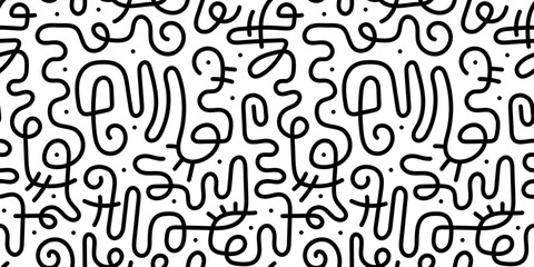 Fun black and white line doodle seamless pattern. Creative abstract squiggle style drawing background for children or trendy design with basic shapes. Simple childish scribble wallpaper print.