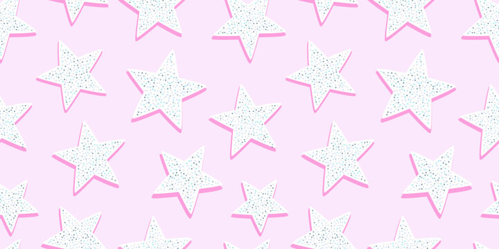 Pink star shape seamless pattern illustration. Cute retro celebration concept background print. Festive holiday backdrop texture, party wallpaper design.