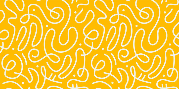 Fun line doodle seamless pattern. Creative abstract squiggle style drawing background for children or trendy design with basic shapes. Simple childish scribble wallpaper print.