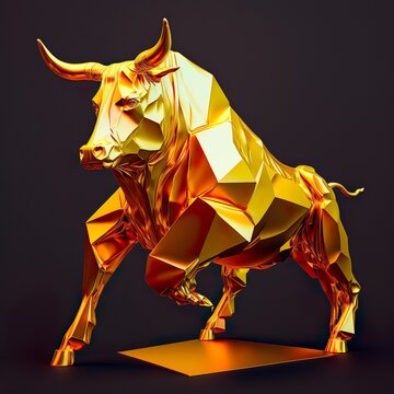 bull sculpture origami style all body in action neon gold color