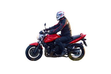 Unidentified man driving a motorcycle isolated on white

