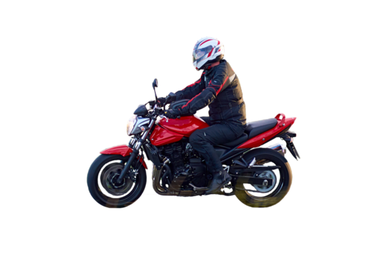 Unidentified man driving a motorcycle isolated on white
