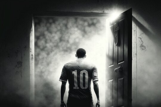 A football player with the number 10 walking into heaven, black and white, generative ai