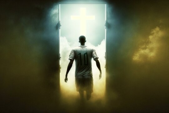 A football player with the number 10 walking into heaven, generative ai