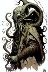 Fototapeta A fantasy board game card/colouring book page: Cthulhu. Lovecraftian cosmic entity, god in the form of a giant anthropomorphic octopus. AI-generated	
 obraz