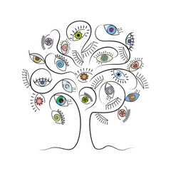 Colorful drawing of tree with eyes. Psychedelic picture in doodle style. Good for covers, books, site design