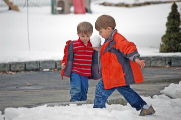 Young brothers playing in the snow