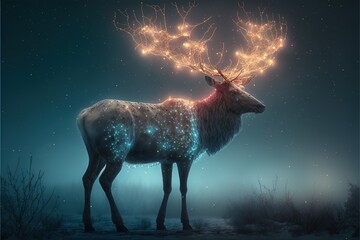 A magic reindeer covered in glowing lights. AI