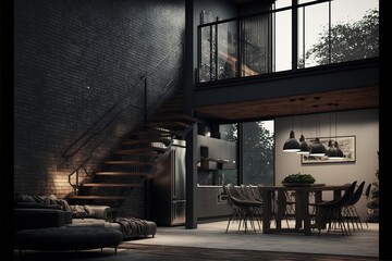 Naklejka na ściany i meble Modern home interior in dark colors. Loft. AI
