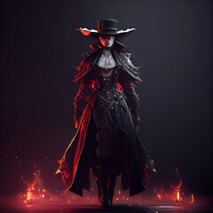 Witch hunter with red and black magic cloth, generative ai