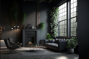 Modern home interior in dark colors. Loft. AI