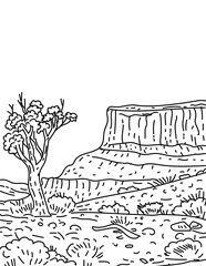 Mono line illustration of Capitol Reef National Park west of Torrey in the center of southern Utah done in monoline line drawing art style.
