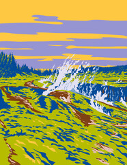 Fototapeta na wymiar WPA poster art of Craters of the Moon geothermal walkway with bubbling craters and steaming vents in Lake Taupo, New Zealand done in works project administration style or federal art project style.