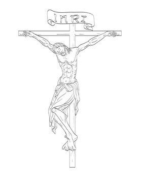 Line art drawing illustration of Jesus Christ hanging on the cross done in medieval style on isolated background in black and white.