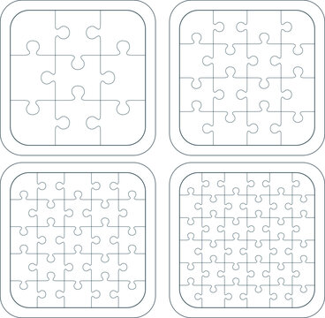 Set of square puzzles 3, 4, 5 and 6 pieces each side with rounded corners, set of jigsaw vector templates made of 9, 16, 25 and 36 elements