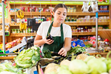 Portrait of young saleswoman puts on showcase fresh eggplants in hypermarket