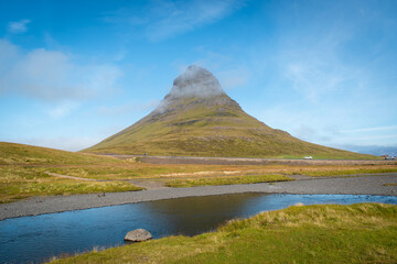 View of Kirkjufell mountain on a sunny day, Iceland