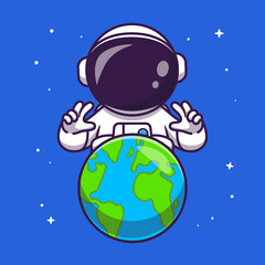 Cute Astronaut With Earth In Space Cartoon Vector Icon Illustration. 
Technology Science Icon Concept Isolated Premium Vector. Flat 
Cartoon Style