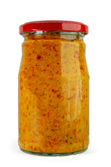 Ajvar roasted red peppers spread in a Jar isolated on white background top view high quality details