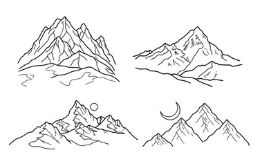 Set of 4 mountain range hiking landscape vector line art svg outline	