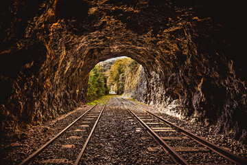 Fototapeta na wymiar cave with train tracks leading into a forest, photo with vanishing points