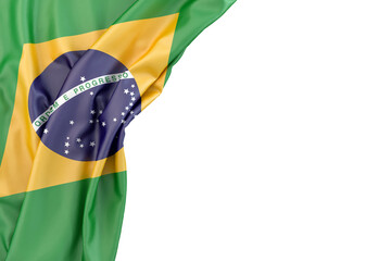 Flag of Brazil in the corner on white background. Isolated