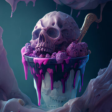 Melting Ice Cream In The Form Of A Skull With A Golden Spoon