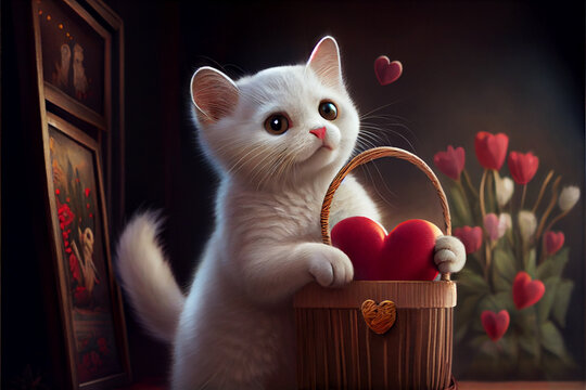 cute white cat holding a valentine heart in a wicker basket on a background of flowers