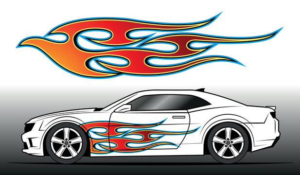 Tribal fire flame racing car vinyl sticker vector art image eps 10 file. Burning tires and flames car decal.