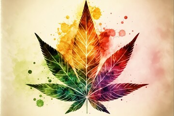 Cannabis leaf icon. Green silhouette indica sativa isolated white background splashed with water colors. Herbal medicine herb plant. Natural weed hemp. Marijuana design generative ai illustration