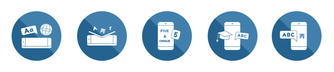 Language learning app modern filled icon set, grammar scholar application concept, tongue speech education course flat style vector icons, smartphone e-learning app emblems, dialect education symbols