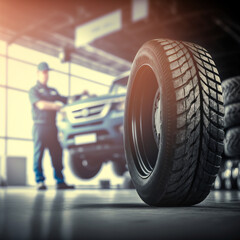 Automotive car mechanic working in the garage and changing a tire from light wheels. Repair or maintenance of auto service.