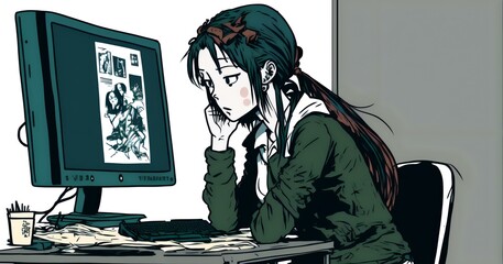 student sitting in front of a computer, looking disappointed and defeated while trying to complete an online assignment (AI Generated)