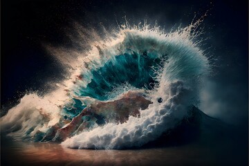 wave crashing onto the shore, with the frothy water and spray creating an abstract, chaotic scene (AI Generated)