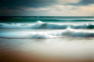 waves rolling into the beach, with the motion blur creating an ethereal, abstract effect (AI Generated)