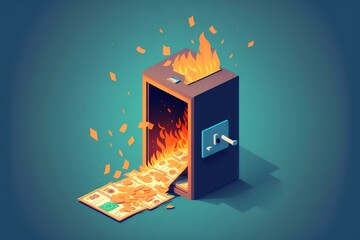 burning money safe with the door open and money spilling out onto the ground, DIGITAL ART (AI Generated)