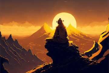 a person meditating on a mountain top at sunrise, with the golden light of the sun illuminating them, DIGITAL ART (AI Generated)
