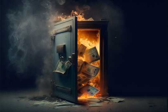 burning money safe with the door open and money spilling out onto the ground (AI Generated)