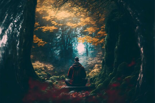 a person meditating in a serene forest setting, surrounded by tall trees and foliage (AI Generated)