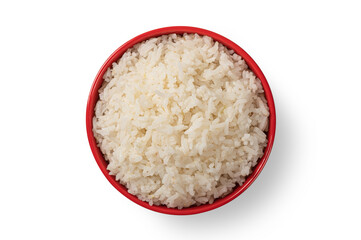 Bowl of boiled rice on white background. Top view