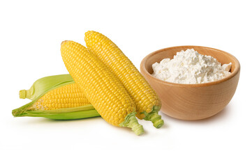 Fresh corn with corn powder in wood bowl on  white
