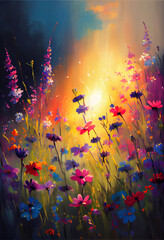 A field of vibrant wildflowers and the sunlight shower of sparkling colors
