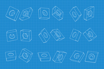 Mechanical engineering drawings on blue background. Cutter, assembly tool with replaceable multi-faceted plate. Technical Design. Cover. Blueprint. Vector illustration.